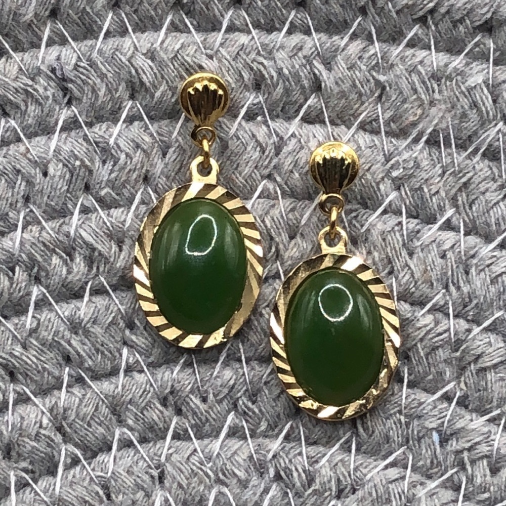 Vintage gold plated or gold filled nephrite stone dangle drop earrings oval.